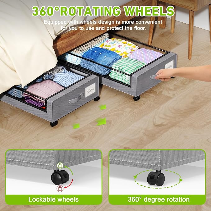 Tututry Under Bed Storage with Wheels, XXL 60L Under the Bed Storage Bins, Underbed Storage Containers with Lids & Label, Rolling Metal Drawer for Shoes, Clothes, Books, Toys (4-Pack Gray) - Image 3