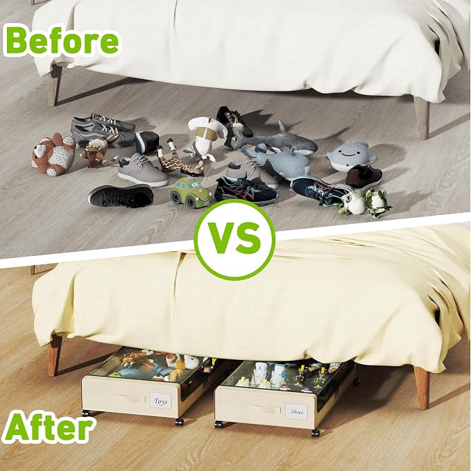 Tututry Under Bed Storage with Wheels, XXL 60L Under the Bed Storage Bins, Underbed Storage Containers with Lids & Label, Rolling Metal Drawer for Shoes, Clothes, Books, Toys (4-Pack Beige) - Image 6