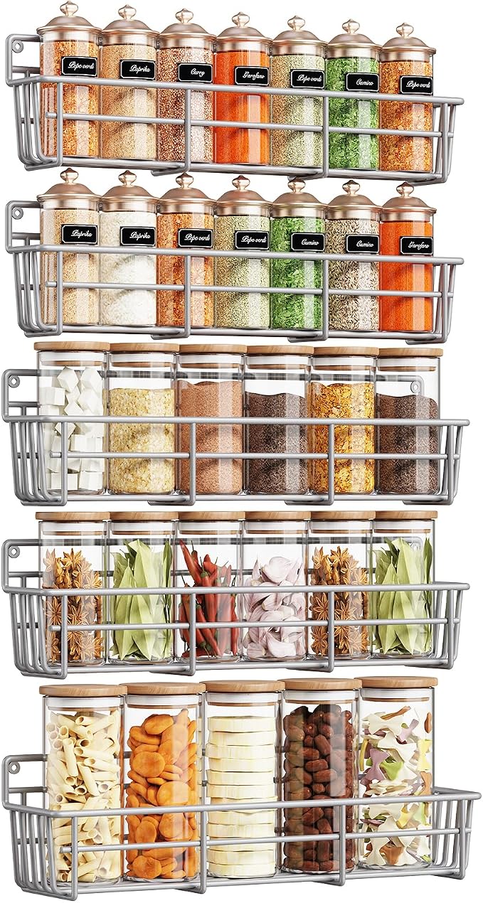 Mystozer 5 Pack Spice Rack Seasoning Organizer Wall Mount, Screw or Adhesive Hanging Shelf Basket Spice Organizer Pantry Organizers Shelf for Kitchen Spice Organization for Cabinet (Silver) by Mystozer