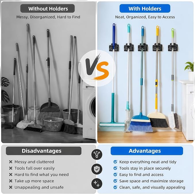 24 Pack Broom Holder Wall Mount, Tool Storage Mop Organizer, Shovel Rack Hooks For Garage Laundry Kitchen Garden Shovel Cleaning Supplies - Image 4