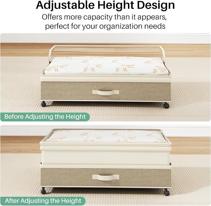 Kitstorack 2Pack Height-adjustable Under Bed Storage with Wheels, Under Bed Storage Containers,Under Bed Shoe Storage Organizer with Clear Window&Label, Suitable for Clothes Storage, Beige & Linen - Image 6