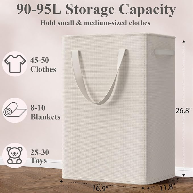 Optish 90L Slim Laundry Hamper, Baby Hamper for Nursery with Handles, Large Laundry Basket for Dorm, Bedroom, Living Room, Collapsible Laundry Basket, White - Image 3