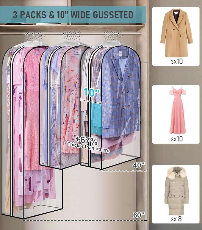 MISSLO 10" Gusseted All Clear Garment Bags for Hanging Clothes 40"+60" Suit Bags for Closet Storage Dresses Protectors for Shirts, Coats, Gowns, 3 Packs - Image 2