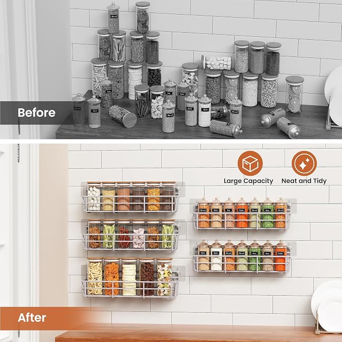 Mystozer 5 Pack Spice Rack Seasoning Organizer Wall Mount, Screw or Adhesive Hanging Shelf Basket Spice Organizer Pantry Organizers Shelf for Kitchen Spice Organization for Cabinet (Silver) - Image 5