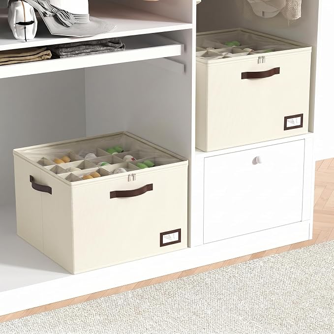 OIAHOMY 2 Pack Shoe Organizer for Closet, Large Foldable Shoe Storage Bins with Dividers and Reinforced Handles, Each Clear Cover Sneaker Box Fits Up to 16 Pairs for Entryway and Bedroom, Beige - Image 8