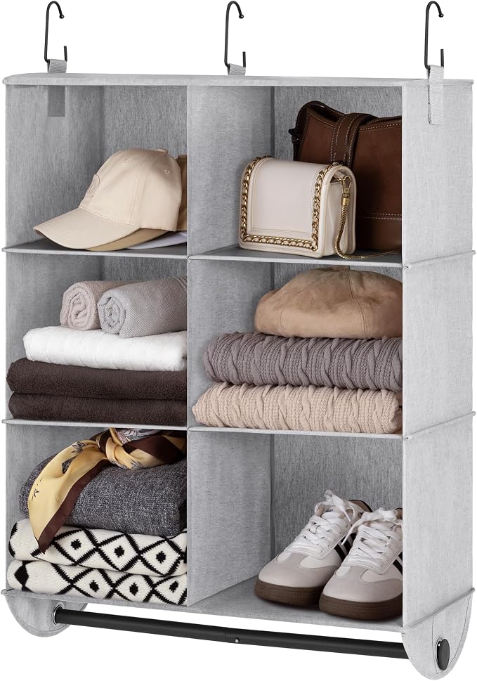 StorageWorks Hanging Closet Organizer with Rod, 6 Sections, 3 Tiers | Maximize Closet Space with 6 Open Sections and Built-in Rod for Hanging Clothes Below, Grey and White by StorageWorks