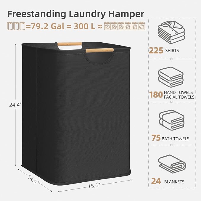 STORAGE MANIAC 3-Pack Large Laundry Hamper, 100L (26.4 Gal) Collapsible Laundry Basket with Bamboo Handles, Freestanding Waterproof Clothes Hamper for Laundry Room, Bedroom, Dorm, Towels, Black - Image 4