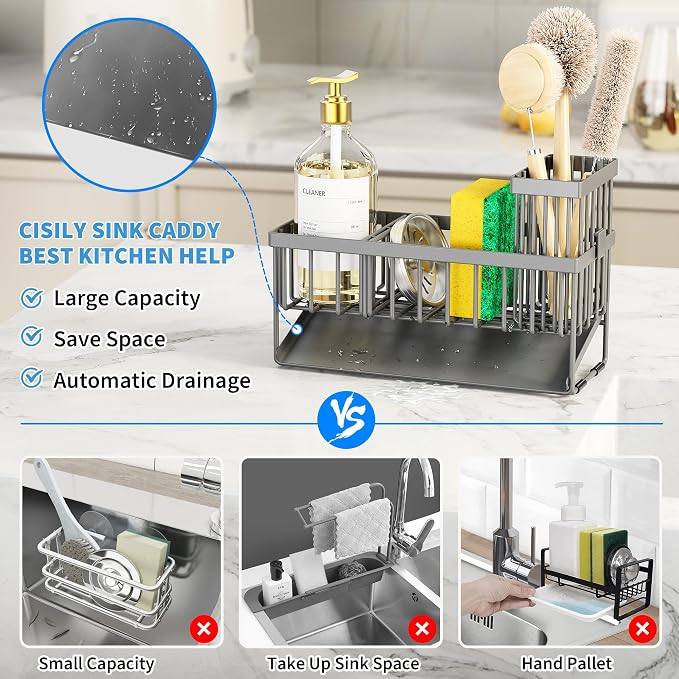 Cisily Sink Caddy Organzier with High Brush Holder, Sponge Holder for Sink, 304 Rustproof Stainless, Kitchen Countertop Soap Dispenser Organizer, Dark Gray Kitchen Decor and Accessories - Image 5
