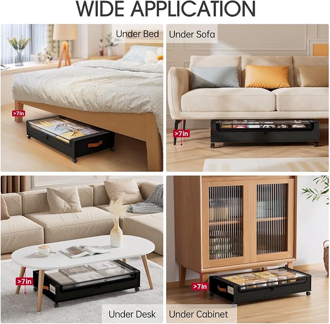 Yecaye Under Bed Storage with Wheels 60L, 2 Pack Under Bed Storage Containers, Underbed Shoe Storage with Clear Window & Label, Rolling Under Bed Metal Drawer for Clothes, Shoes, Books, Black - Image 7