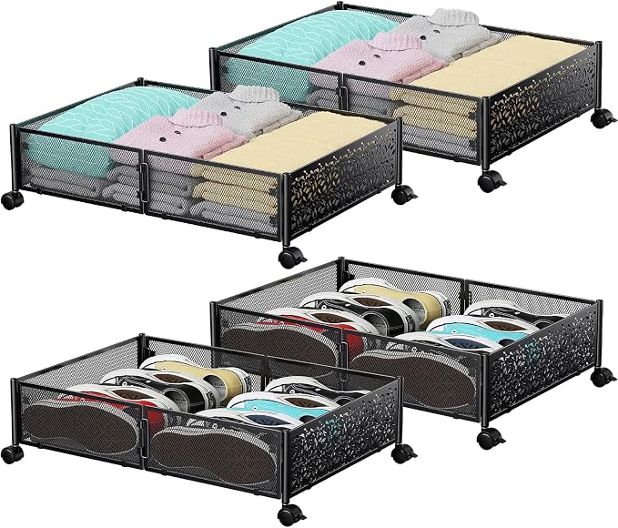 PHINOX Under Bed Storage with Wheels,Patterned,Sturdy Metal,4 Pack,Black | Tool-free assembly, glide smoothly, easy reach, foldable, maxmazie low-profile beds, dorm, keep seasonal clothes, shoes fresh by PHINOX