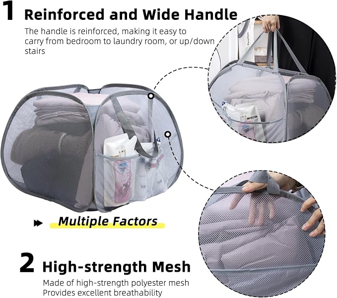 Collapsible Laundry Basket, 90L Mesh Pop-up Hamper with Handles - Image 3