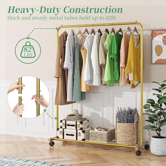 Simple Trending Standard Clothes Clothing Garment Rack with Storage Shelves, Rolling Clothes Organizer on Wheels for Hanging Clothes, Gold (Pack of 2) - Image 5
