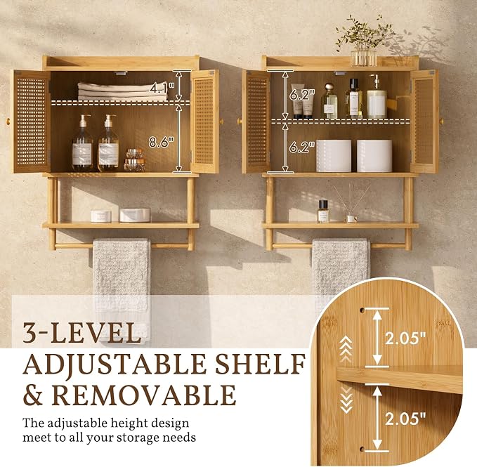 AmazerBath Bathroom Wall Cabinets, Bamboo Medicine Cabinet with Rattan Door, Large Over The Toilet Storage Cabinet with Towel Bar, Wall Mounted Cabinet with Adjustable Shelves for Small Spaces - Image 3
