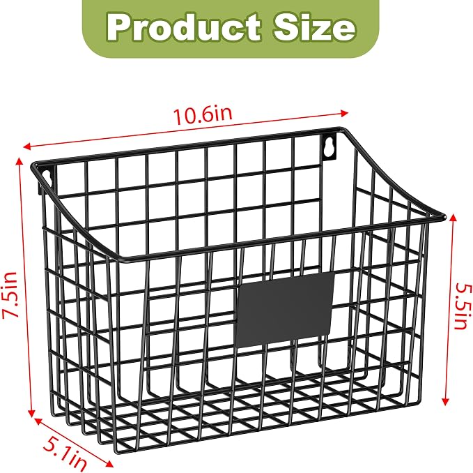 Wall Mounted Bin Basket with 5 Hooks 3 Label Plate Adhesive-3 Pack, Cabinet Hanging Metal Wire Basket,Rustic Farmhouse Decor, Storage Organization Shelf for Pantry Kitchen Bathroom 10.6*7.5*5.1inch - Image 4