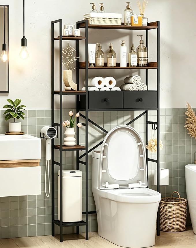 Over The Toilet Storage Rack, 7-Tier Over Toilet Bathroom Organizer with Adjustable Shelf, Above Toilet Storage with Hooks, Space-Saving, Brown Shelf by Suuiwau