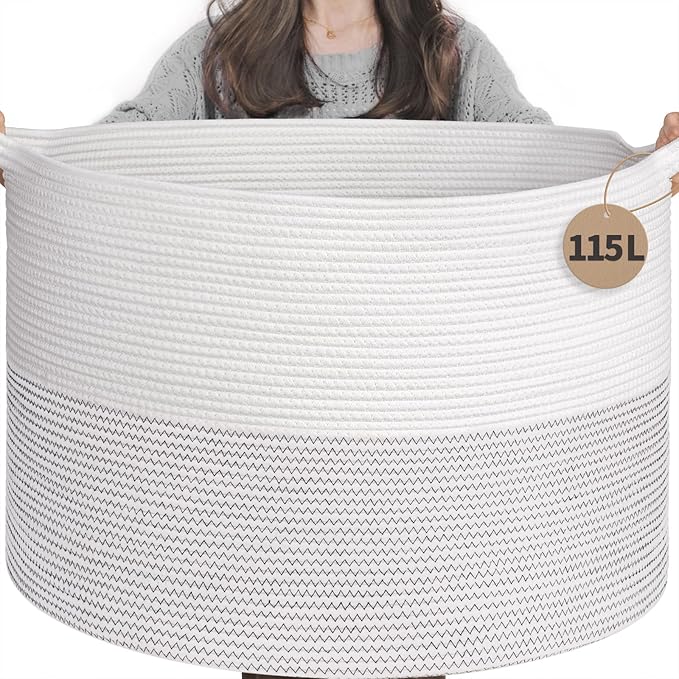 INDRESSME 115L Extra Large Woven Rope Blanket Basket Living Room, White by INDRESSME