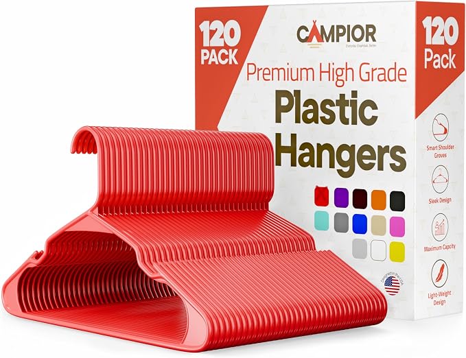 Plastic Clothes Hangers – Heavy Duty Hanger Set, for Organizing Clothes, Dresses, and Coat, Holds Up to 5 lbs, Space-Saving Hangers with Non-Slip Shoulder Grooves, Pack of 120, Red by Campior
