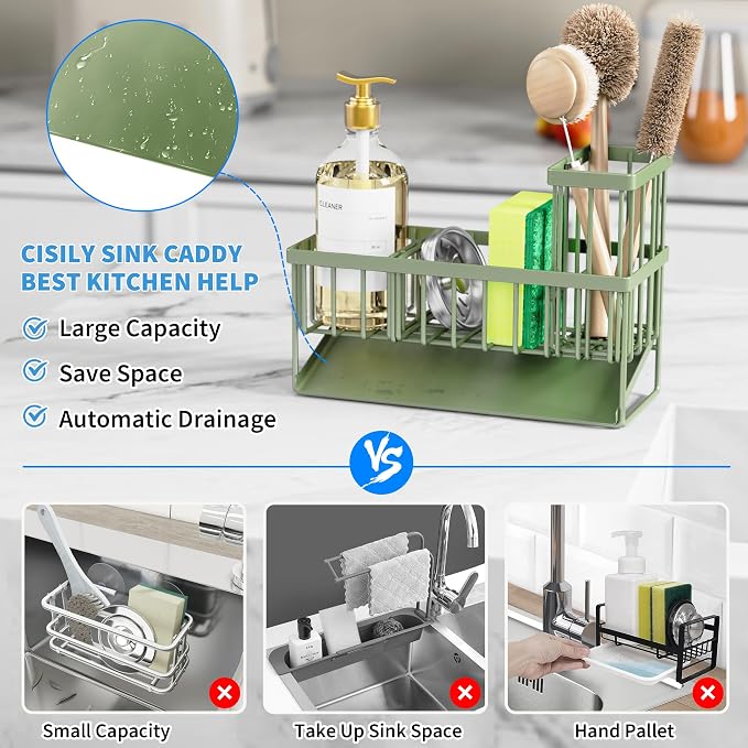 Cisily Kitchen Sink Caddy, Sponge Holder for Kitchen Sink, Kitchen Sink Organzier and Storage with High Brush Holder, 304 Stainless Gadgets Sink Accessories, Organizadores de Cocina Sage Green - Image 2