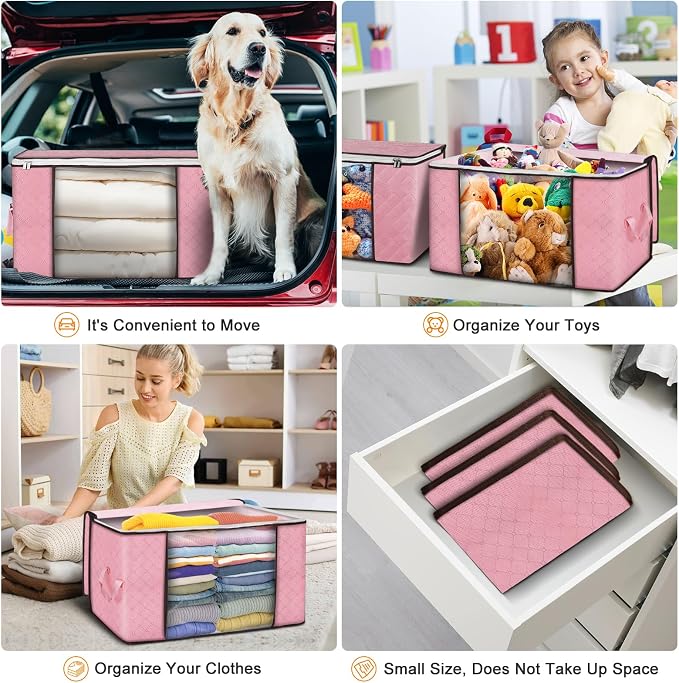 90L Large Storage Bags, 8 Pack Clothes Storage Bins Closet Organizers | Foldable Storage Containers, with Reinforced Handle, for Clothing, Blanket, Comforters, Bed Sheets, Pillows and Toys,Pink - Image 5