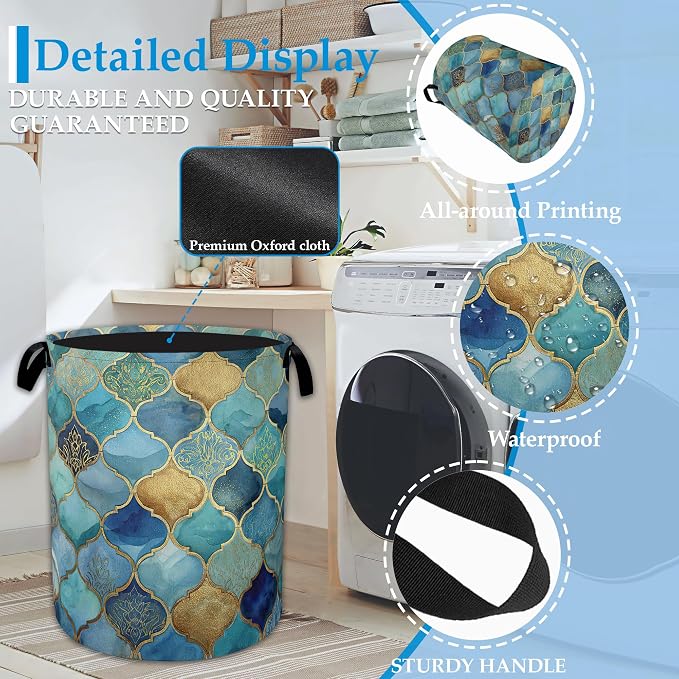 Moroccan Mosaic Laundry Basket Collapsible Laundry Hamper, Oxford Cloth Storage Bin for Room/Bathroom/Bedroom/Dormitories 16" X 20.8" - Image 3