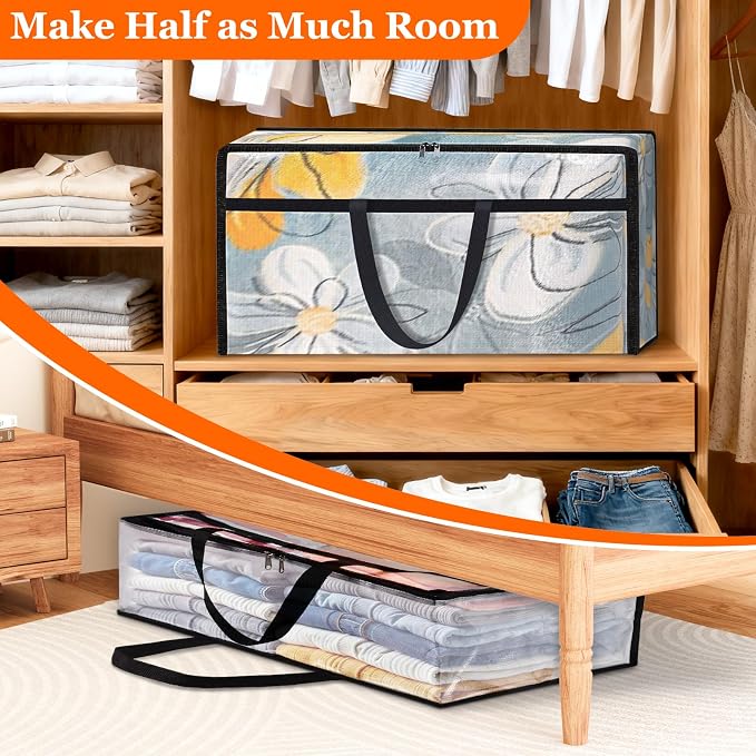 TasticTotes 4 Pack Clear Storage Bags for Comforter, 90L Long | Plastic Blanket Storage with Zipper & Handle, Foldable Moving Bags, Closet Organizer and Under-Bed Storage Containers - Image 7