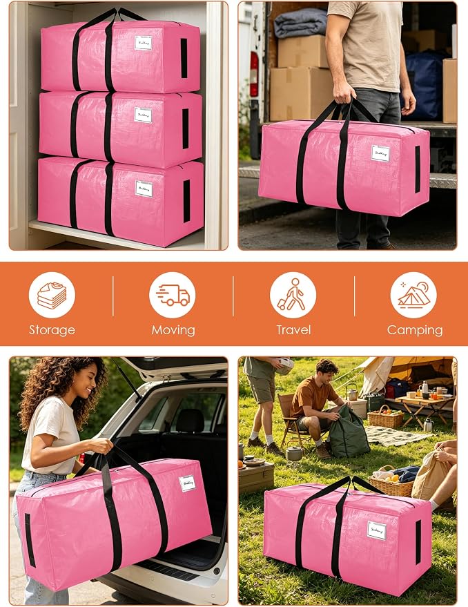 SWEET DOLPHIN 12 Pack 200LB Heavy-Duty Moving Bags with Wrap-Around Handles, Extra Large Storage Totes for Space Saving, Clothes Storage Bags, College Dorm Essentials, Pink, 24 Gal - Image 6