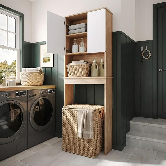 70"H Over The Toilet Cabinet with Asymmetrical Doors, Natural &White - Image 5
