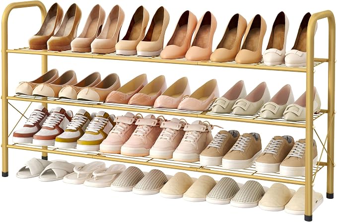 Hoctieon 3 Tier Mesh Style Shoe Rack, Entryway Shoe Shelf, Shoe Storage Organizer, Shoe Rack for Closet, Space Save for Bathroom, Garage, Hallway, Bedroom, Living Room, Gold by Hoctieon