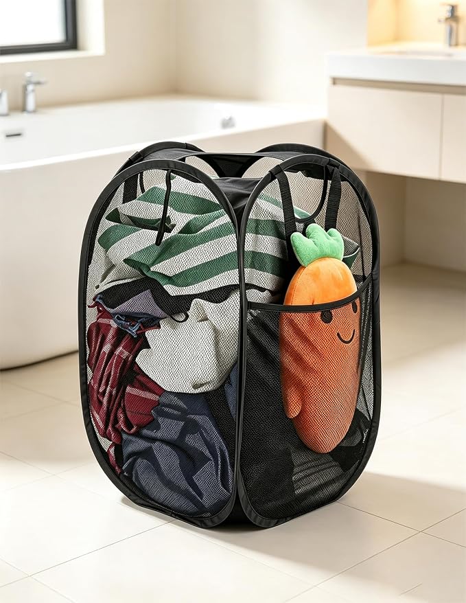HOUSE AGAIN Strong Mesh Pop Up Laundry Hamper, 70L Collapsible Laundry Basket with Steel Frame, Double‑Stitched Handles & Side Pocket, Foldable Dirty Clothes Hamper for Dorm, Bedroom, Black - Image 8