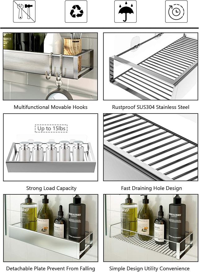 Bathroom Adhesive Shower Caddy Basket Shelf with Hooks, No Drilling Removable Bathroom Shelf Organizer,Stainless Steel Rustproof Shower Rack for Shampoo Storage, Sponge Holder-Silver - Image 5