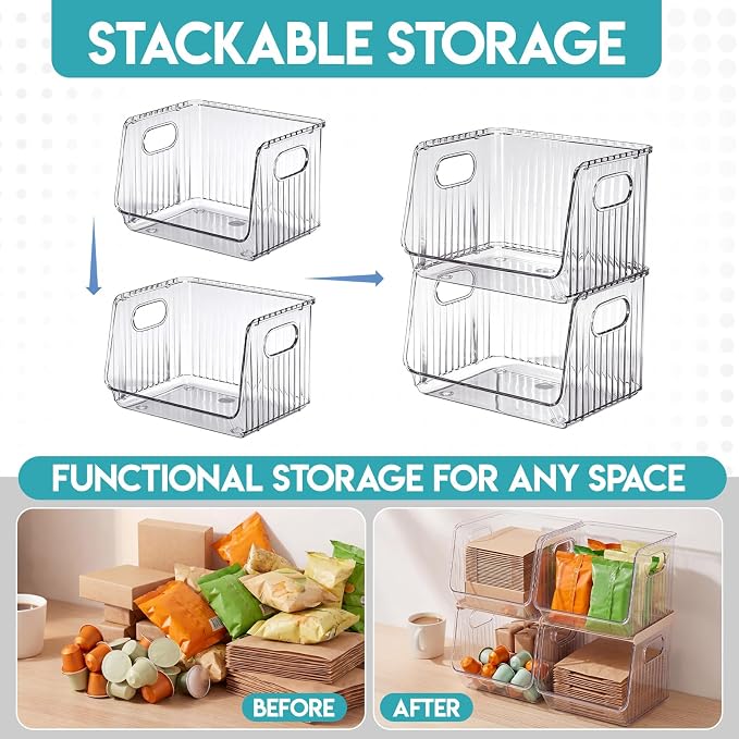 Novabright 4 Pcs Clear Plastic Storage Bins Stackable Pantry Storage Organizer Kitchen Cabinet Organizers Ideal Containers for Coffee Pod Tea Sugar Bag Office Fridge Caddy - Image 3