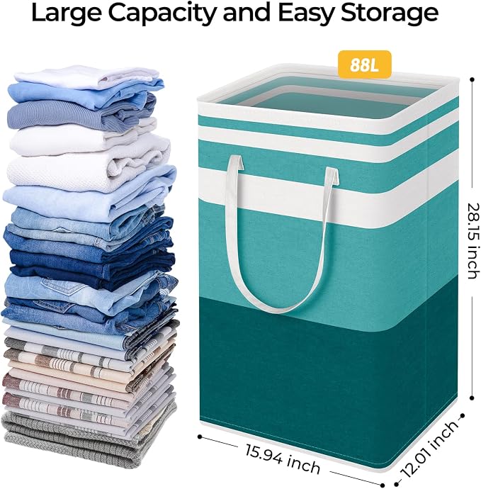 HomeHacks 2 Pack Large Laundry Baskets, Laundry Hampers Bags (Green 88Lx2) | Waterproof, Freestanding, Collapsible Clothes Hamper with Reinforced Handles in Laundry Room, Dorm, Bathroom, Bedroom - Image 4