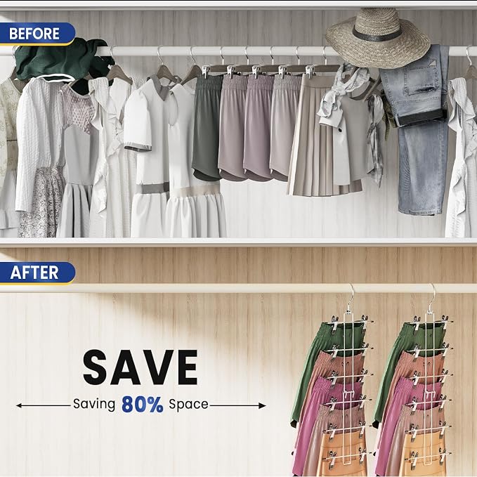 DAMITA Skirt Pants Hangers with Clips Space Saving Hanging Closet Organizer 6 Tiers Hanger with 360° Swivel Hook, Finger-Safe Design- College Dorm Room Apartment Essentials 2-Pack - Image 6