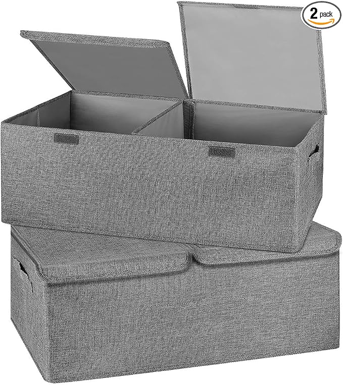 2 Pack Storage Boxes with Lids and Handles, Collapsible Linen Storage Bins Organizer Containers Baskets Cube with Removable Divider for Home Bedroom Closet Office (Grey, Small) by Unknown
