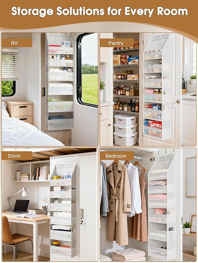 Criusia 2 Pack Over the Door Organizer, Heavy-Duty 6-Shelf Hanging Storage with 13 Mesh Pockets, 55lbs Capacity Behind the Door Storage for Nursery, Bathroom, Bedroom, and Dorm, White - Image 7