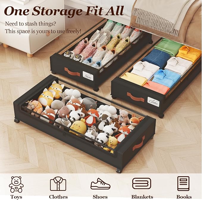 Yecaye 70 L Under Bed Storage with Wheels, 3 Pack Larger Capacity Under Bed Storage Containers, Underbed Shoe Storage Organizer, Rolling Under Bed Metal Drawers for Clothes, Blankets, Black - Image 7