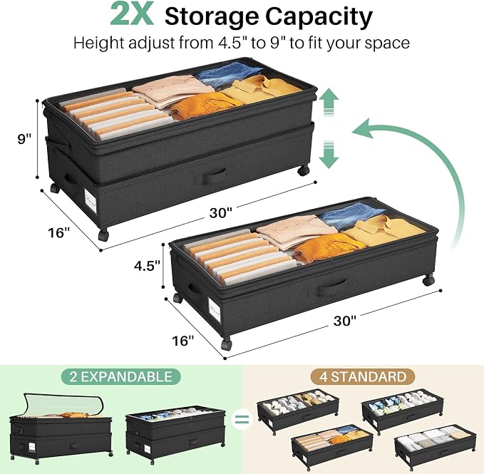 Kitstorack 2Pack Height-adjustable Under Bed Storage with Wheels, Under Bed Storage Containers,Under Bed Shoe Storage Organizer with Clear Window&Label, Suitable for Clothes Storage, Black - Image 3