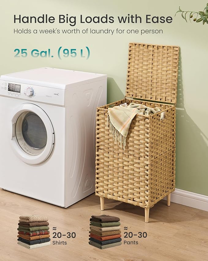 SONGMICS Laundry Hamper with Lid, PE Rattan, 25 Gallons (95 L) - Image 3