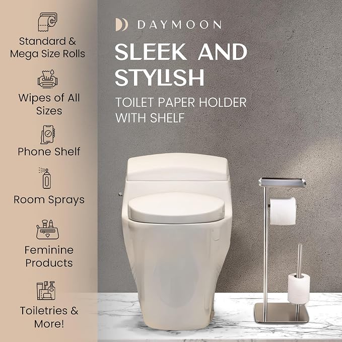 Day Moon™ - Toilet Paper Holder - Modern Roll Holder for Bathroom - 1 Pack - Free Standing - with Shelf, Brushed Nickel - Image 2