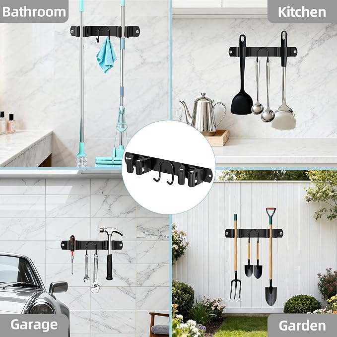 Broom Holder Wall Mount, Stainless Steel Mop and Broom Organizer, Broom Hanger with 2 Slots 2 Hooks for Home Kitchen, Garage, Garden and Laundry Room, Black - Image 8