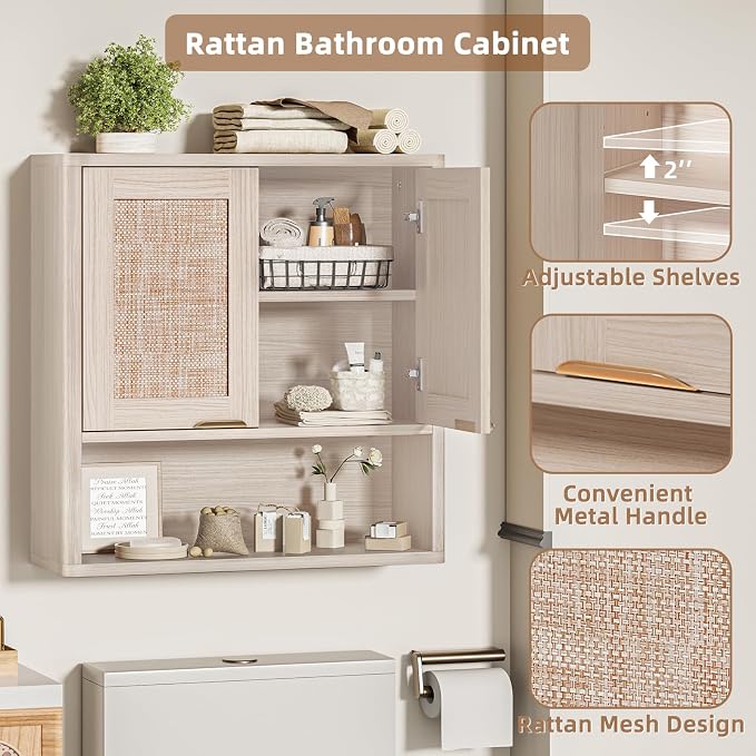 LEYAOYAO Rattan Bathroom Wall Storage Cabinet, Boho Medicine Cabinet - Image 4