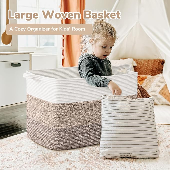 Goodpick 105L Extra Large Woven Rope Blanket Basket, Rectangle, Light Brown - Image 2