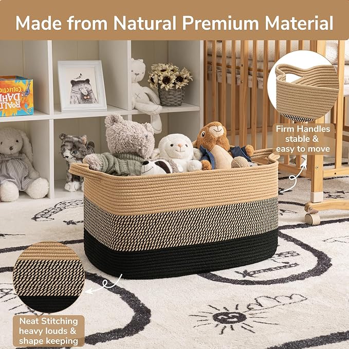 Goodpick Large Woven Blanket Basket, Rectangle, Black Jute, 75L - Image 6