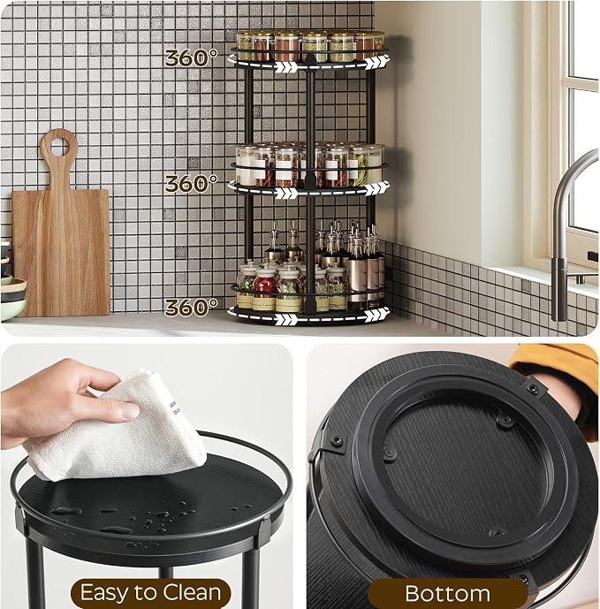 YATINEY 3-Tier Lazy Susan Organizer, Rotating Spice Rack, Spinning Organizer, Industrial Turntable Spice Rack Organizer for Cabinet, Kitchen Countertop, Pantry, Black SR23BK - Image 4