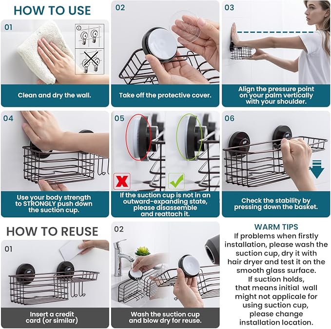 TAILI Shower Caddy Suction Cup with Hooks & Soap Holder, Brown Shower Shelf - Image 7