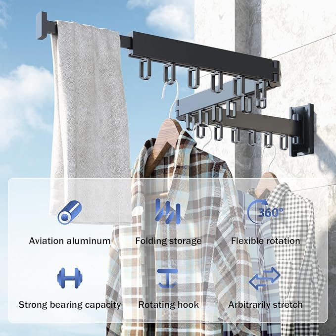 HEILAIYI Clothes Drying Rack,Laundry Drying Rack,Wall Mounted Clothes Rack,Laundry Rack Wall Mount,Folding Retractable Collapsible Drying Rack Clothing (Three-Poles,Loop Shape Hooks) - Image 3