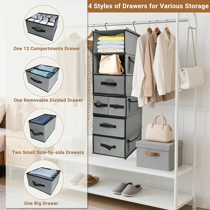 Durable 6-Tier hanging closet organizer with 5 Drawers & 3 Side Pocket,Thickened Fabric Hanging Shelves Holder with Sturdy Hook,Space-saving Storage Organization for Bedroom,Dorm,Guestroom,RV,Bathroom - Image 3