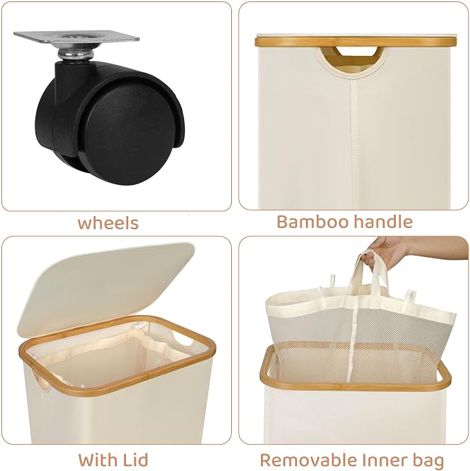 IEGrow Laundry Hamper with Wheels 110L Clothes Basket for Laundry,Beige - Image 3