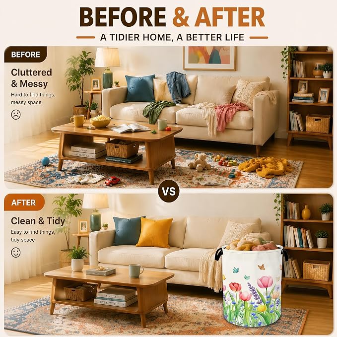 Decorative Foldable Laundry Basket with Handles,Watercolor Tulips Oxford Clothes Hamper featuring Spring Flowers, 16 x 20.8 Inch Storage Basket for Bedroom Bathroom Laundry Room,20.8x16 Inch - Image 5