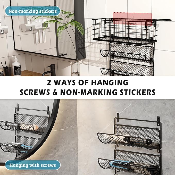 Wall-Mounted Hair Dryer Holder Styling Tool Organizer 4-Shelf Storage Wire Basket with Hook Heat Safe Rack for Hair-Straighteners,Curling Wands,Flat Iron,Perfume,Cabinet Door Bathroom Kitchen - Image 6